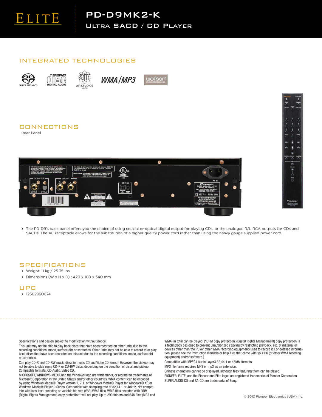 Pioneer PD-D9MK2-K manual PDDV-58AVD9MK2-K, Integrated Technologies Connections, Specifications, Upc 