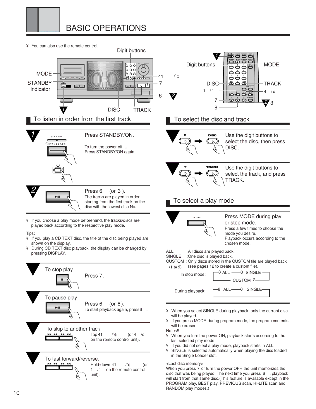 Pioneer PD-F1009 manual Basic Operations, To listen in order from the first track, To select the disc and track 