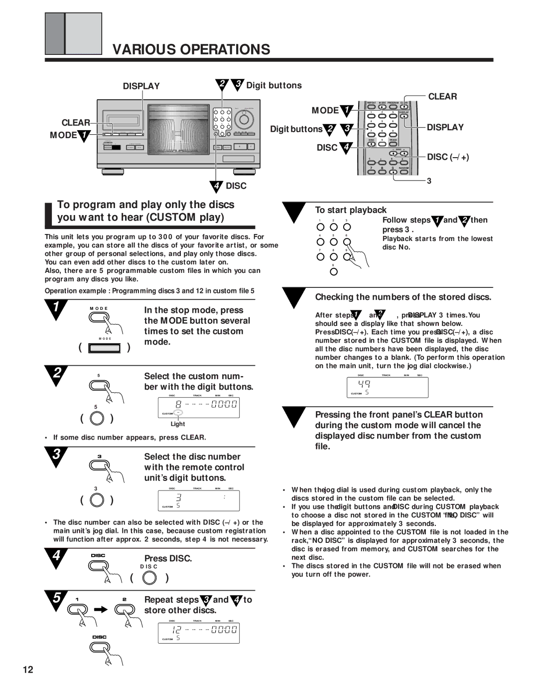 Pioneer PD-F1009 manual Various Operations, Display, Clear 