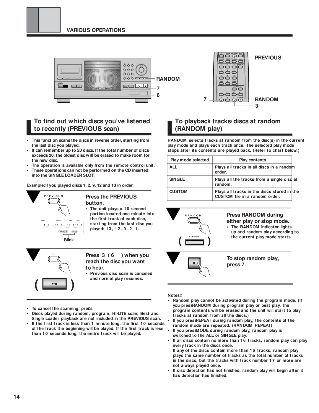 Pioneer PD-F1009 manual To playback tracks/discs at random Random play, Various Operations, Previous Random 