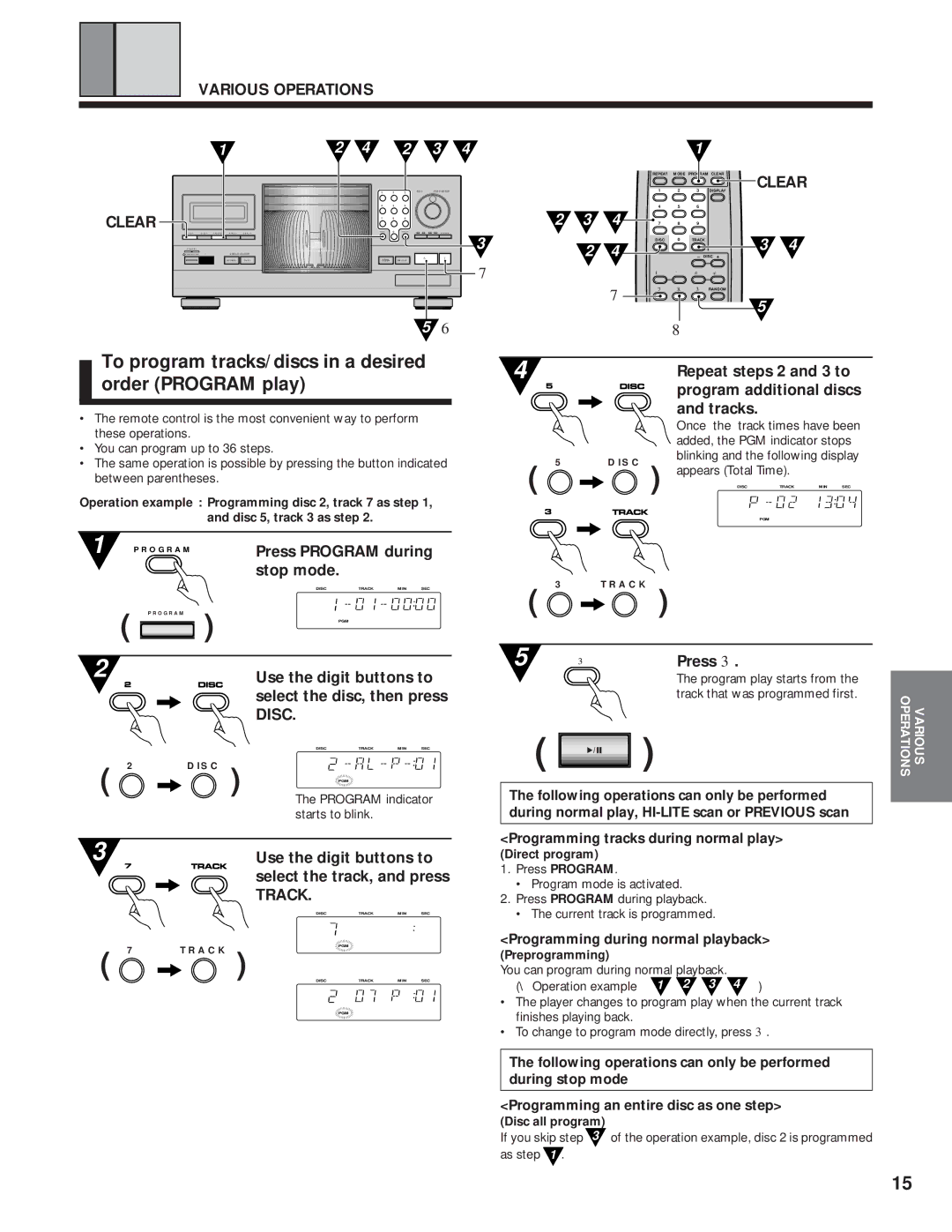 Pioneer PD-F1009 To program tracks/discs in a desired order Program play, Various Operations Clear, Press Program during 