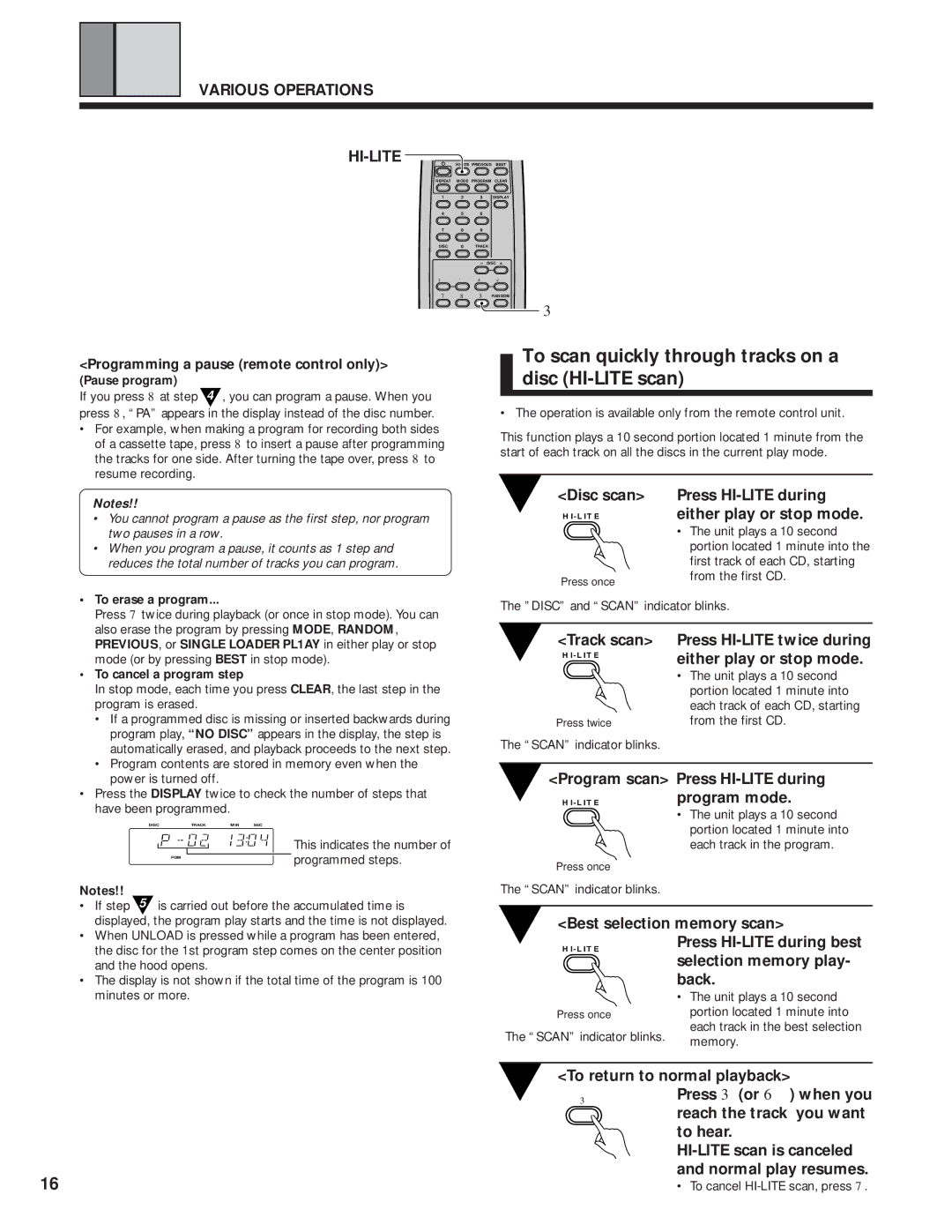 Pioneer PD-F1009 manual To scan quickly through tracks on a disc HI-LITE scan, Various Operations HI-LITE 