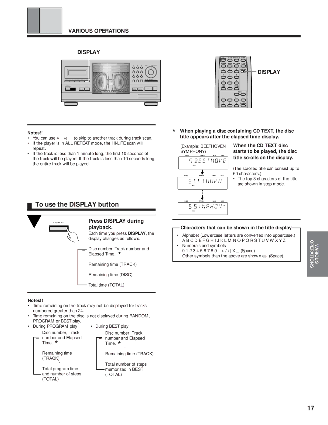 Pioneer PD-F1009 manual To use the Display button, Various Operations Display, Playback 