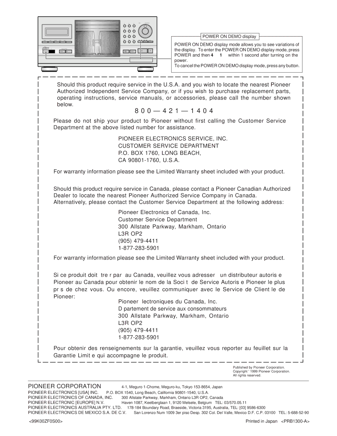 Pioneer PD-F1009 manual 0 4 2 1 1 4 0, 99K00ZF0S00 PRB1300-A 