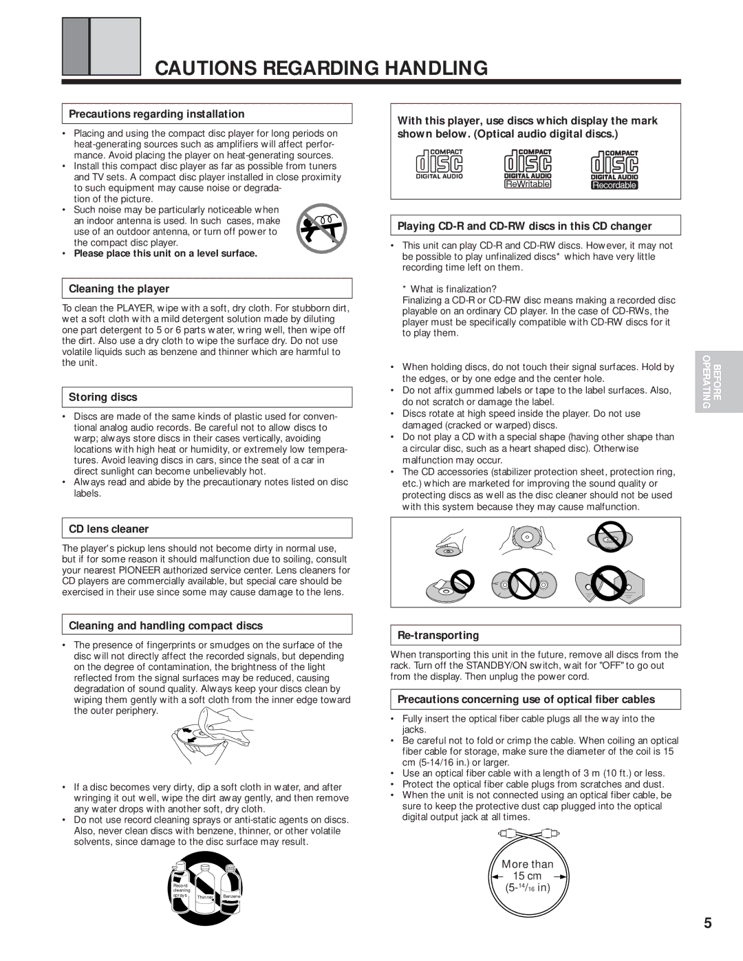 Pioneer PD-F1009 Precautions regarding installation, Cleaning the player, Storing discs, CD lens cleaner, Re-transporting 