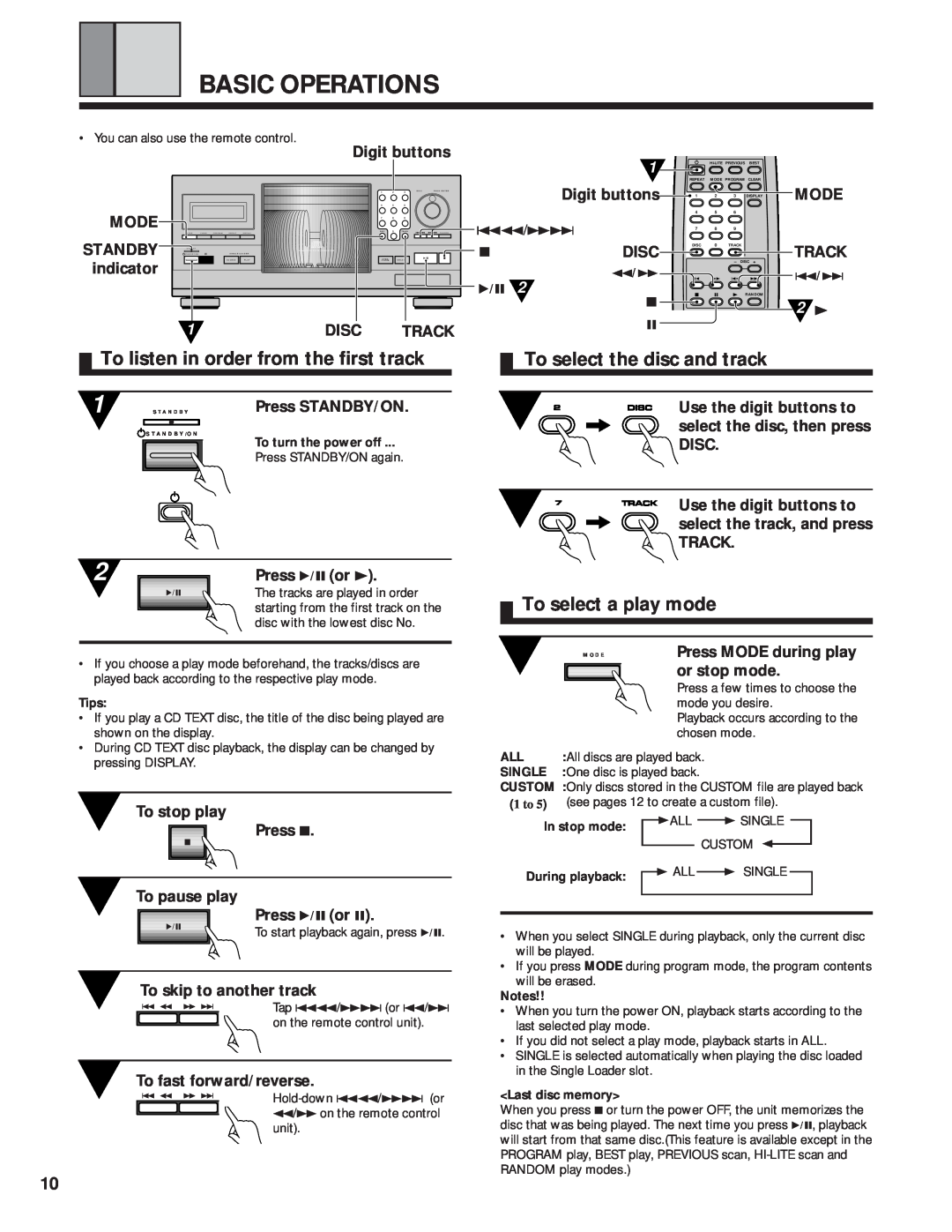 Pioneer PD-F1009 manual Basic Operations, To listen in order from the first track, To select the disc and track 