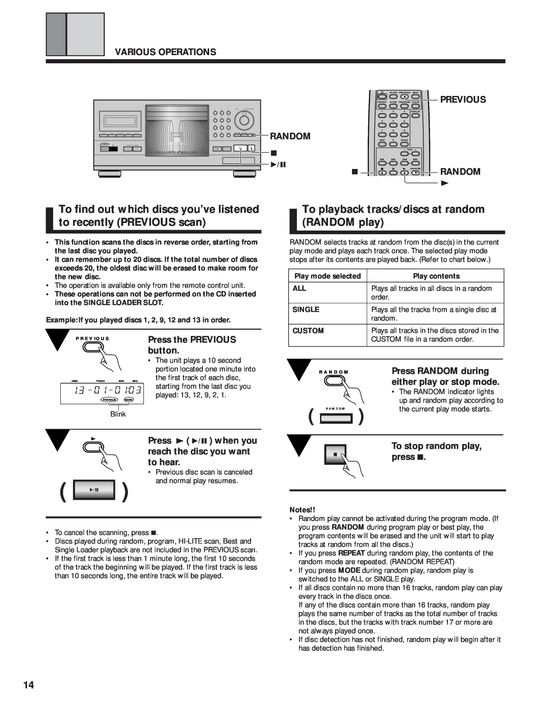Pioneer PD-F1009 manual To playback tracks/discs at random RANDOM play 