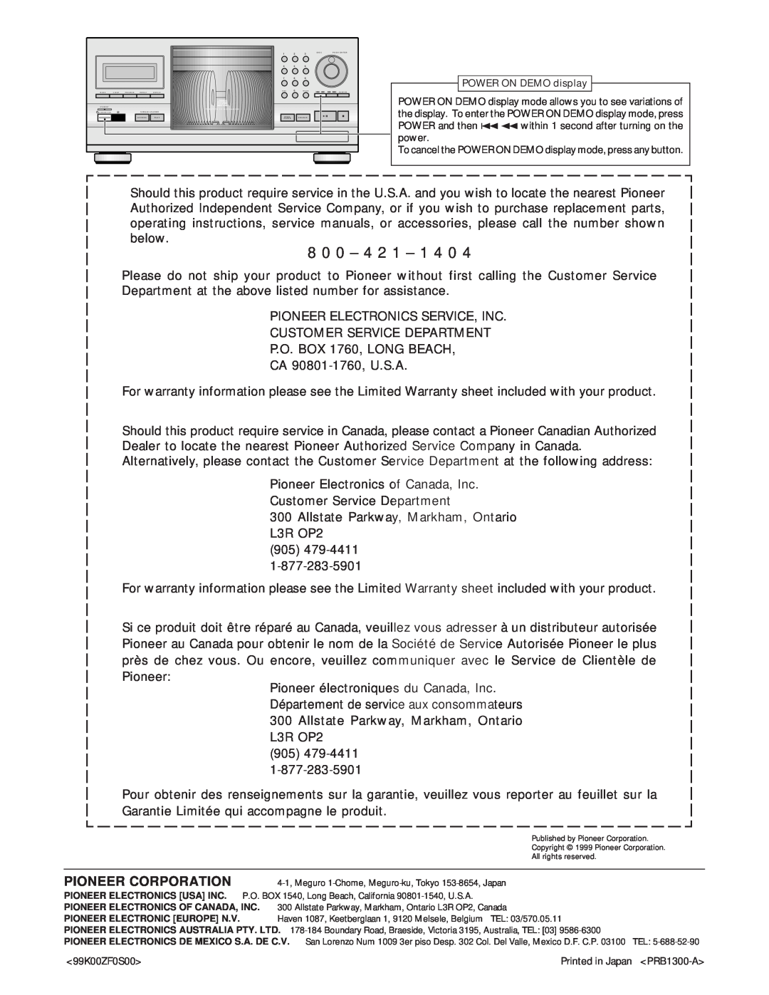 Pioneer PD-F1009 manual 8 0 0 - 4 2, Pioneer Corporation 
