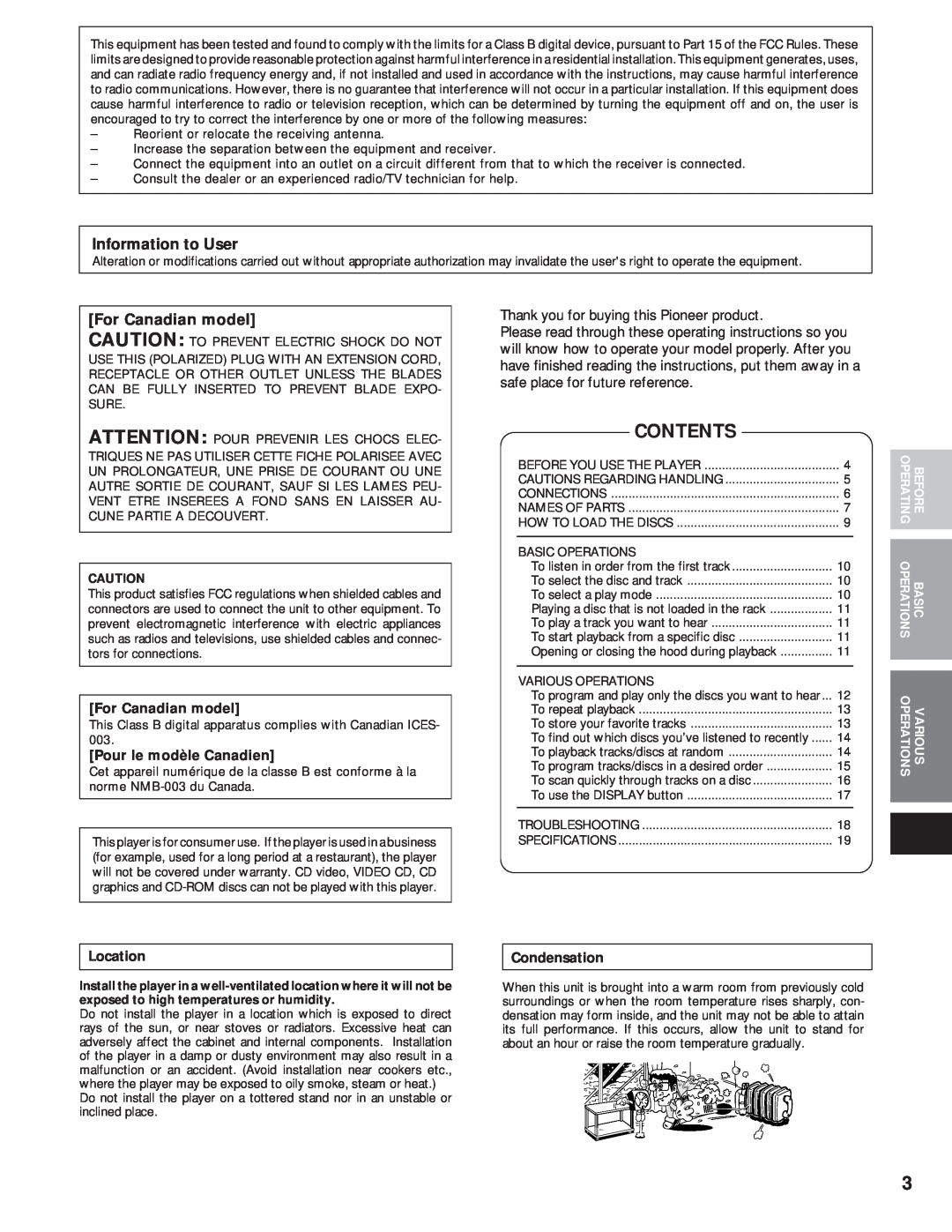 Pioneer PD-F1009 manual Contents, For Canadian model, Pour le modèle Canadien, Location, Condensation, Operations, Various 