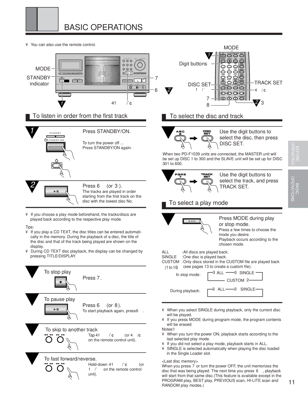 Pioneer PD-F1039 manual Basic Operations, To listen in order from the first track, To select the disc and track 