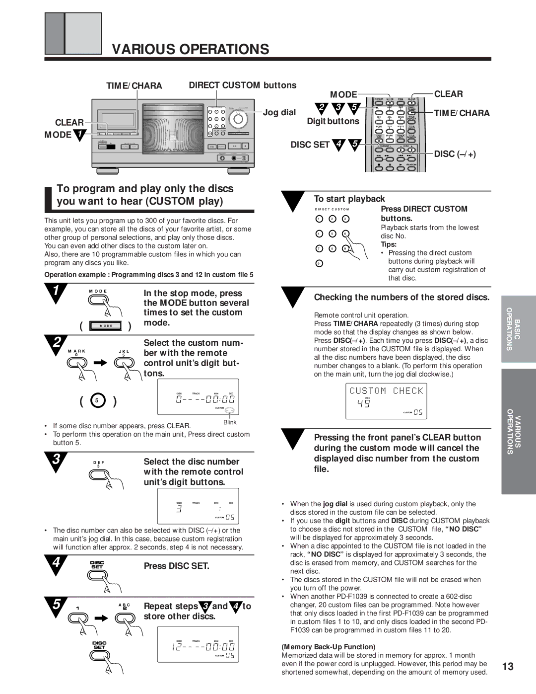 Pioneer PD-F1039 manual Various Operations, Time/Chara, Mode Clear 