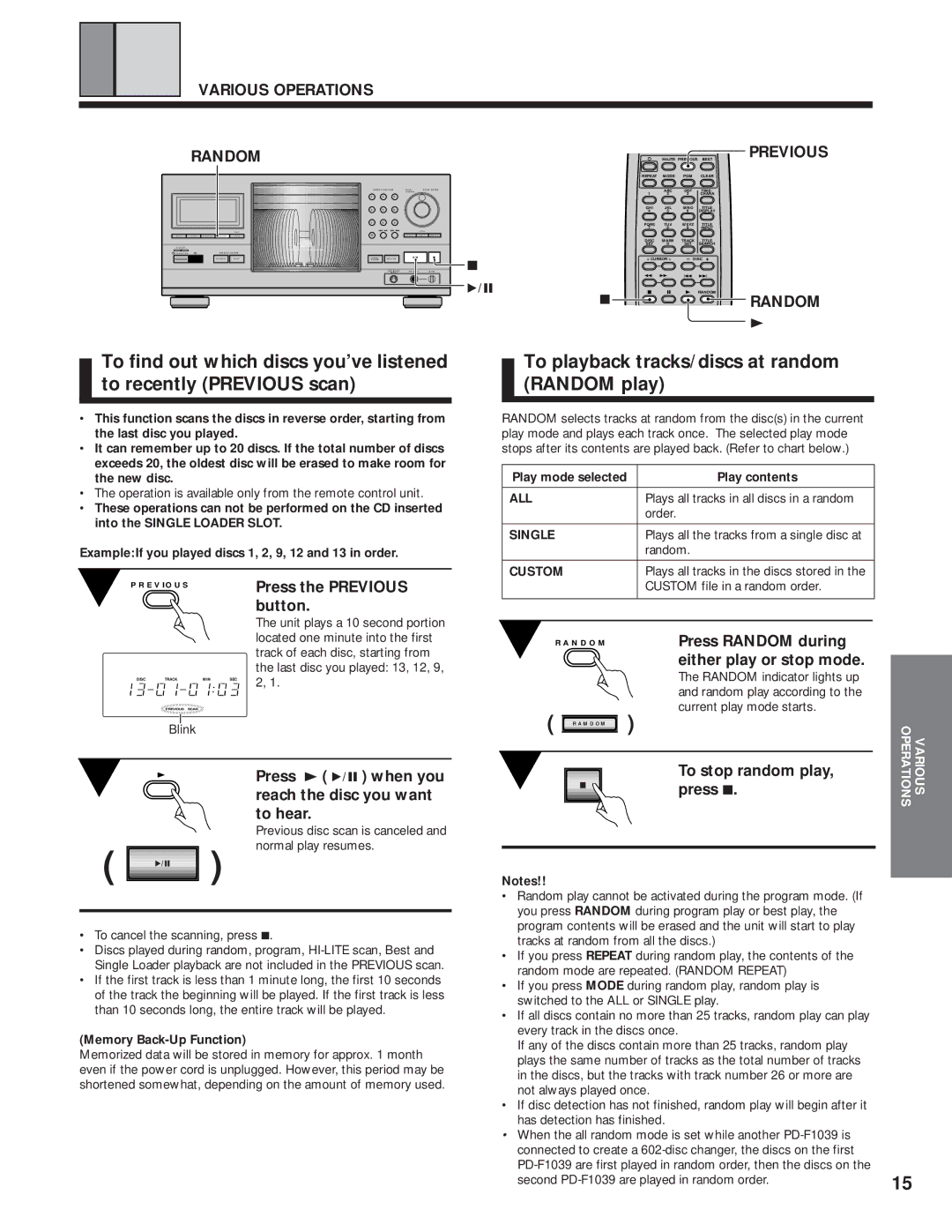 Pioneer PD-F1039 manual To playback tracks/discs at random Random play, Various Operations Random, Previous 