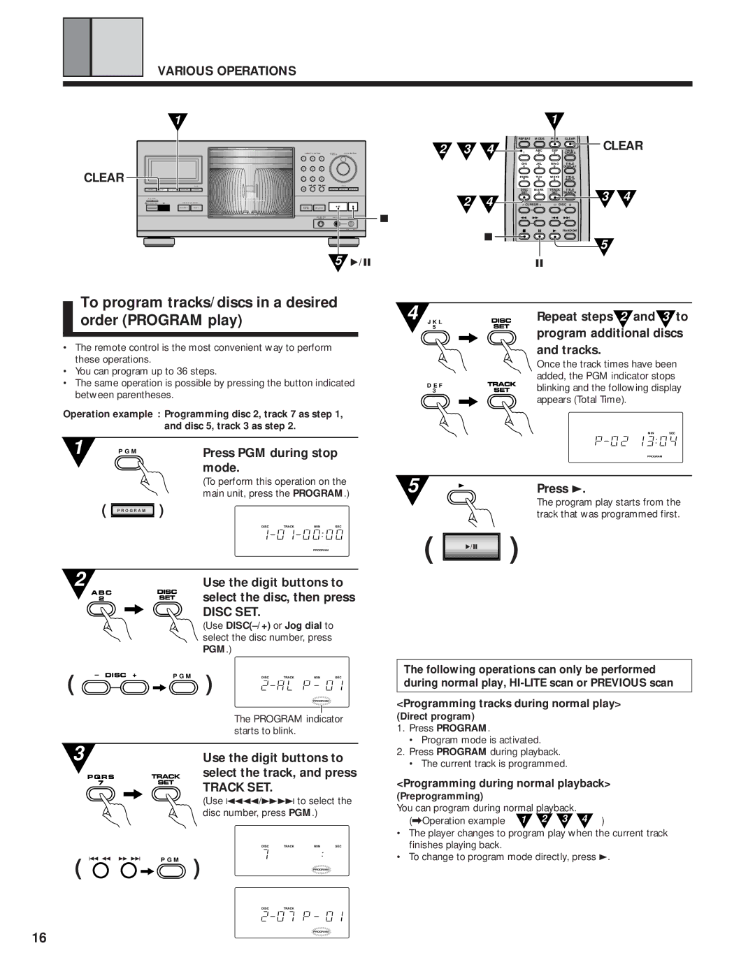 Pioneer PD-F1039 manual To program tracks/discs in a desired order Program play, Various Operations Clear 