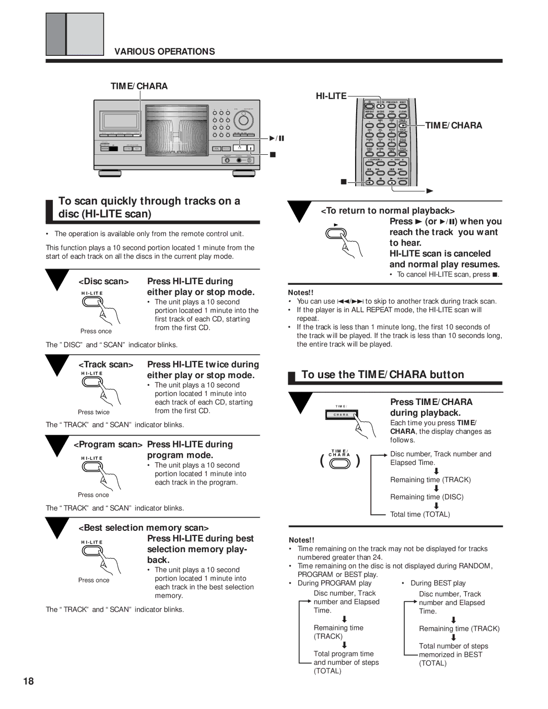 Pioneer PD-F1039 manual To scan quickly through tracks on a disc HI-LITE scan, To use the TIME/CHARA button 