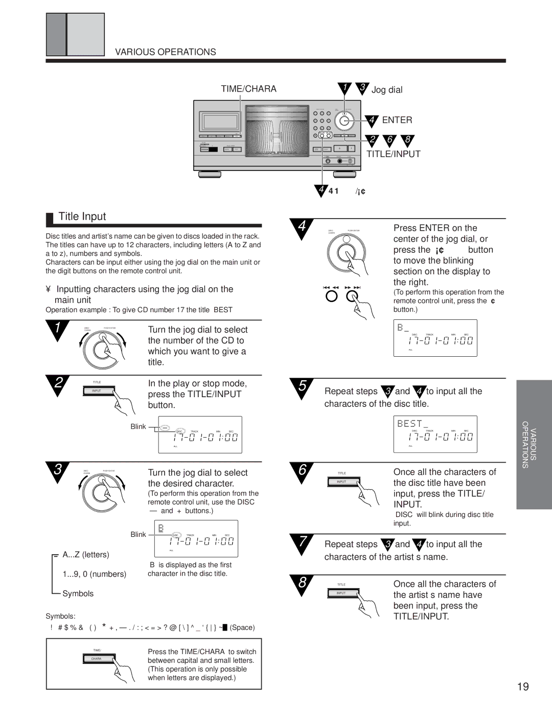 Pioneer PD-F1039 manual Title Input, Various Operations TIME/CHARA, Title/Input 