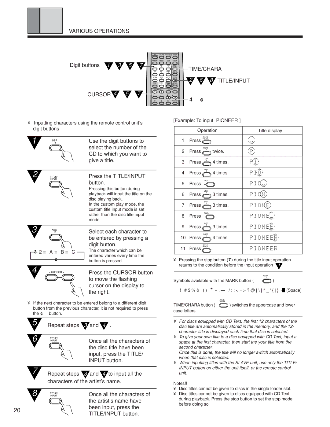 Pioneer PD-F1039 manual TIME/CHARA 8 TITLE/INPUT 