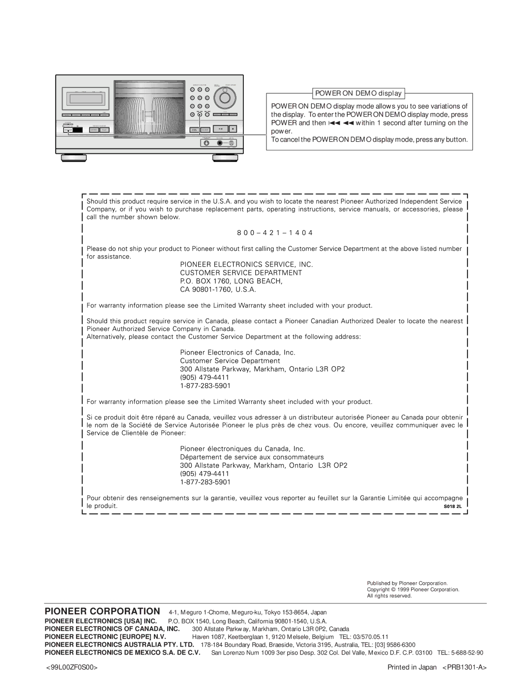 Pioneer PD-F1039 manual Pioneer Corporation 