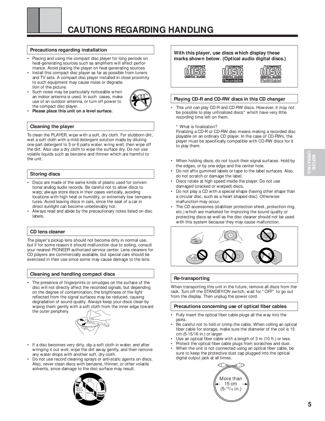 Pioneer PD-F1039 Precautions regarding installation, Cleaning the player, Storing discs, CD lens cleaner, Re-transporting 