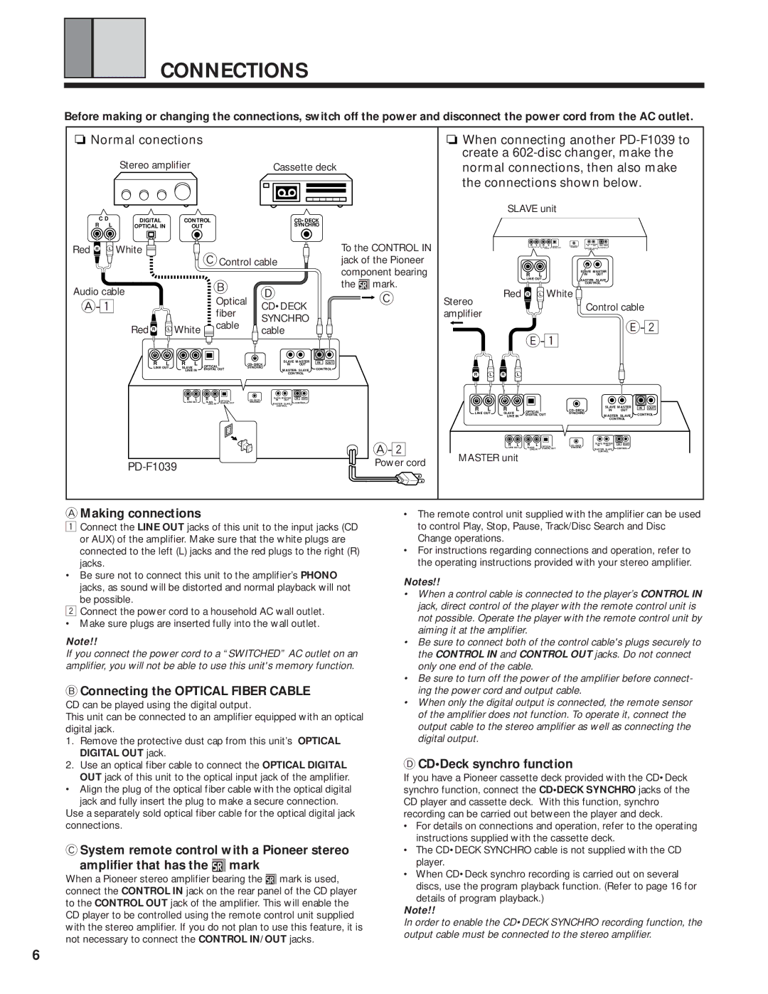 Pioneer PD-F1039 manual Connections, Making connections, Connecting the Optical Fiber Cable, CDDeck synchro function 