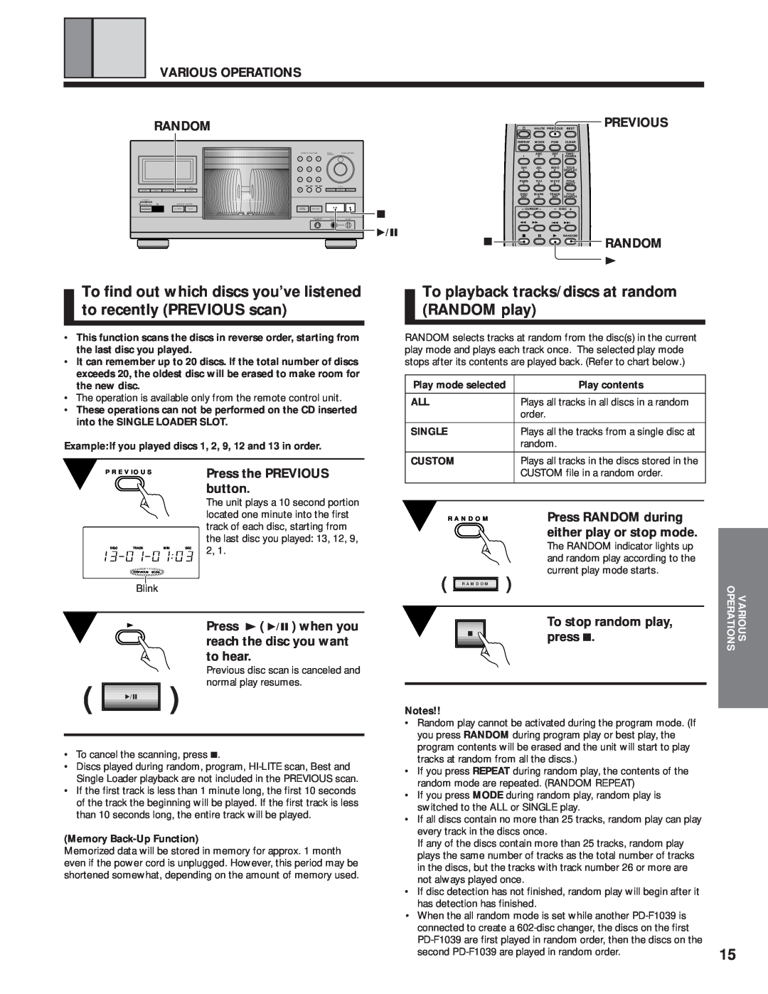 Pioneer PD-F1039 manual To playback tracks/discs at random RANDOM play 