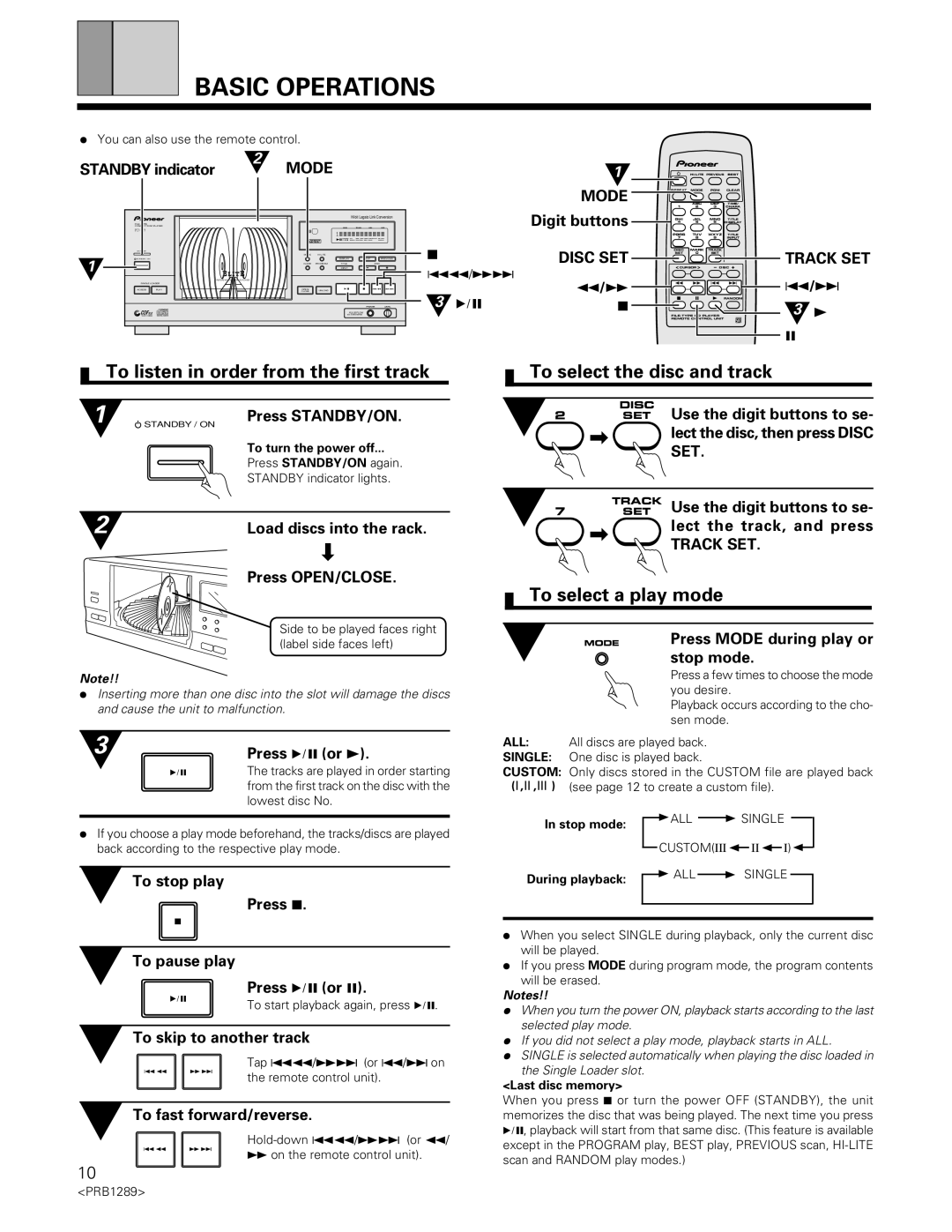 Pioneer PD-F19PD-F17 Basic Operations, To listen in order from the first track, To select the disc and track 