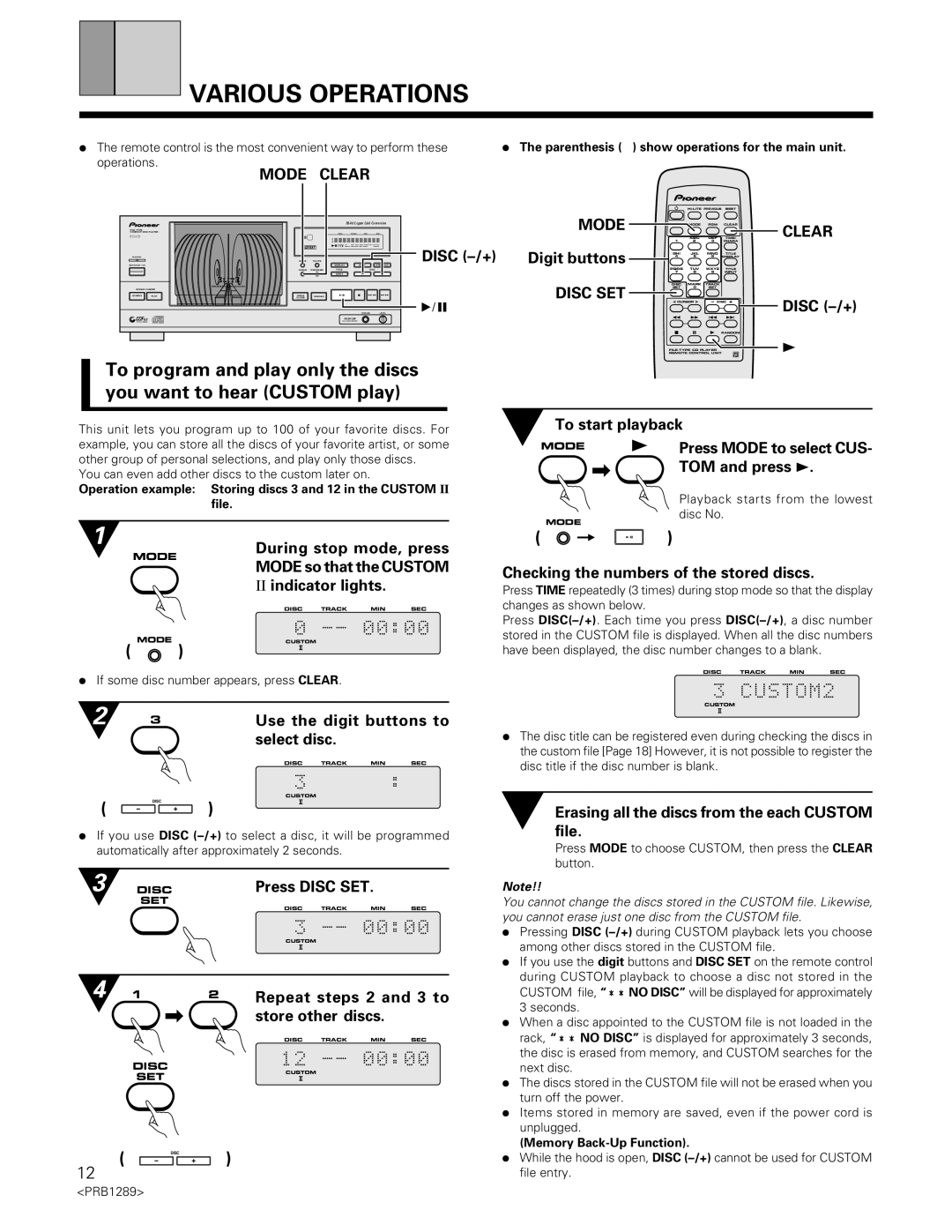 Pioneer PD-F19PD-F17 operating instructions Various Operations, Mode Clear 