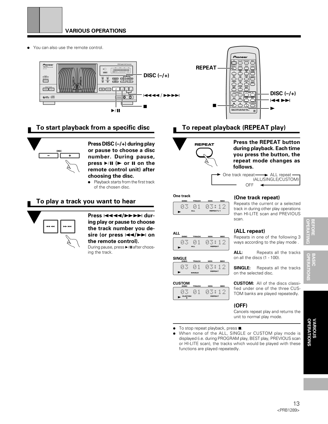 Pioneer PD-F19PD-F17 operating instructions To start playback from a specific disc, To repeat playback Repeat play 