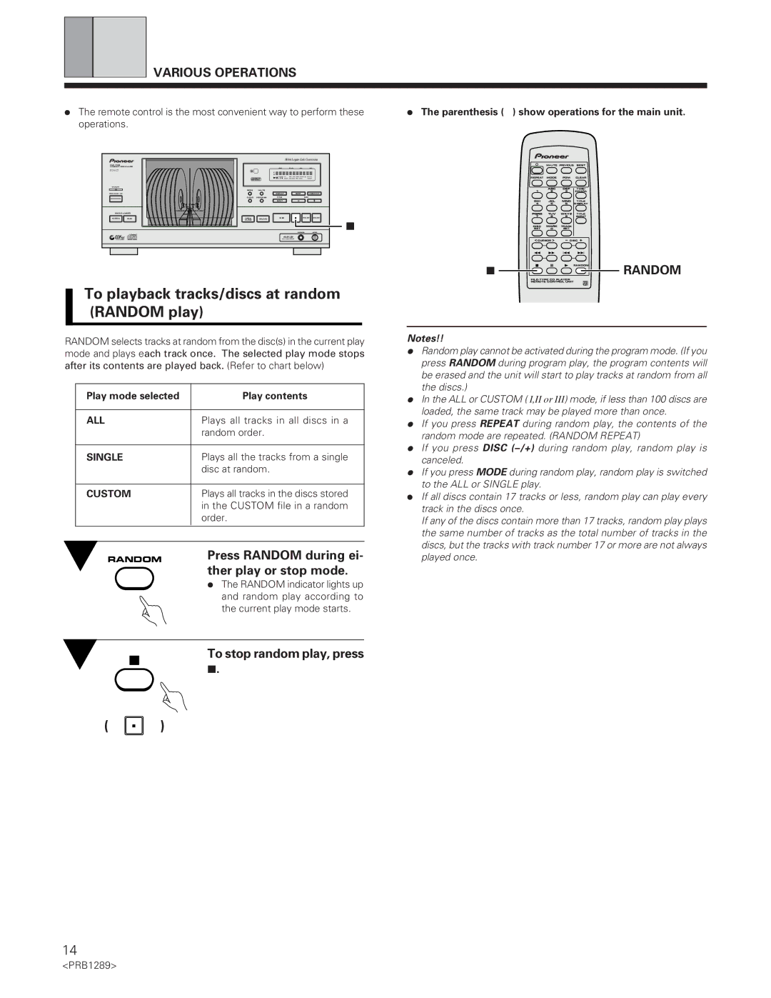 Pioneer PD-F19PD-F17 To playback tracks/discs at random Random play, Press Random during ei, Ther play or stop mode 