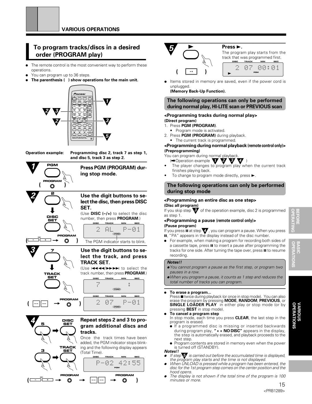 Pioneer PD-F19PD-F17 operating instructions To program tracks/discs in a desired order Program play 