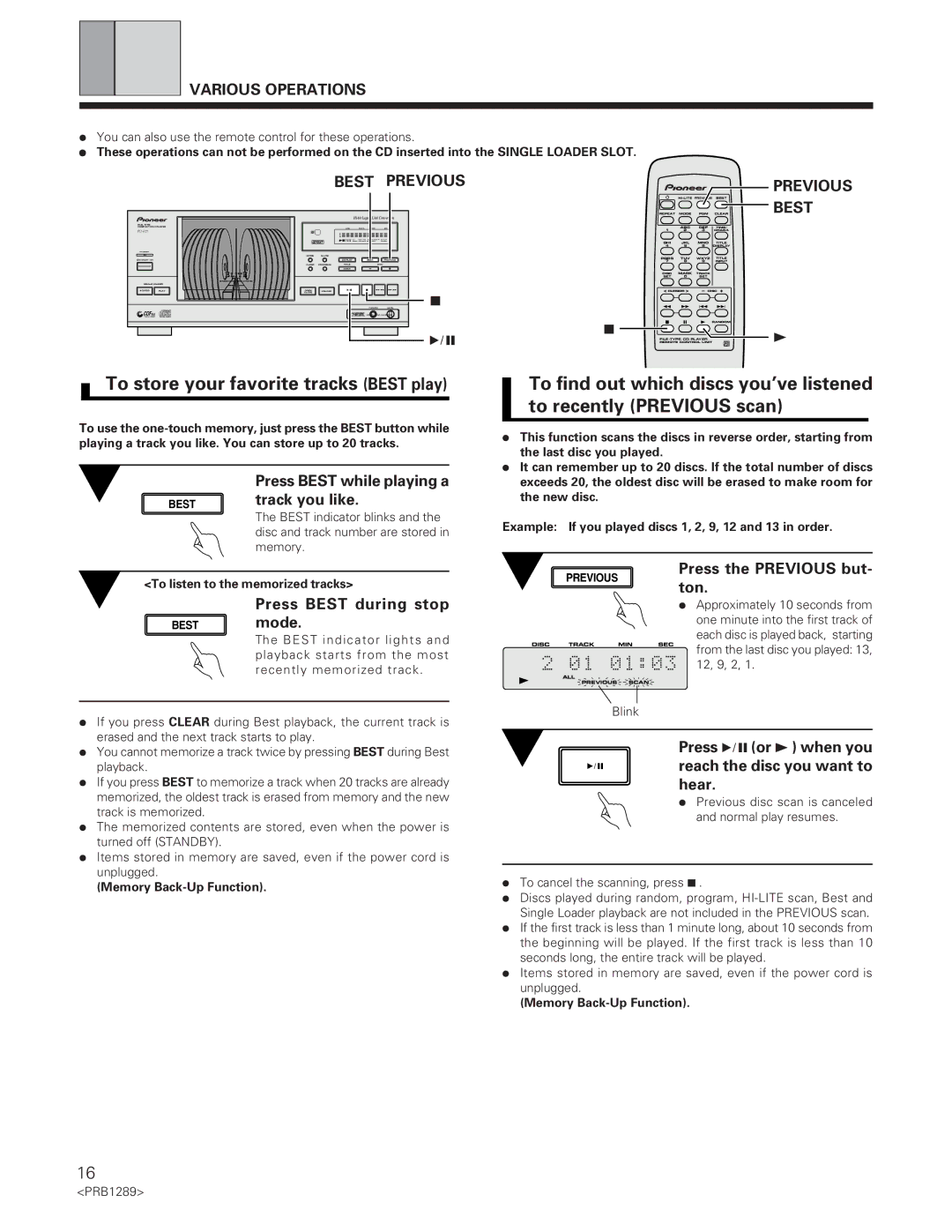 Pioneer PD-F19PD-F17 operating instructions To store your favorite tracks Best play, Best Previous, Previous Best 