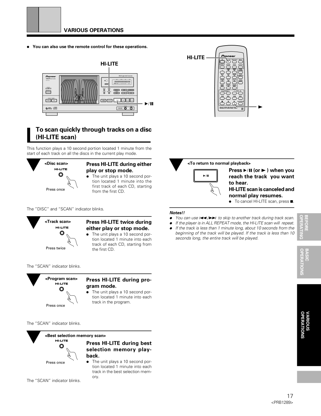 Pioneer PD-F19PD-F17 operating instructions To scan quickly through tracks on a disc HI-LITE scan, Hi-Lite 