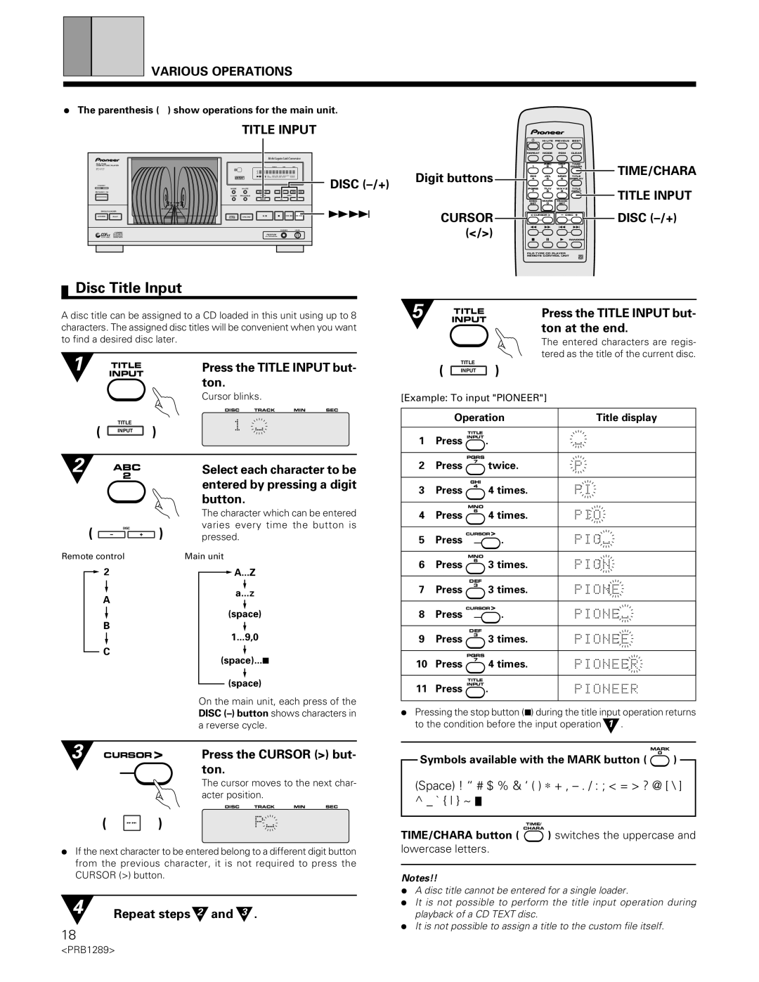 Pioneer PD-F19PD-F17 operating instructions Disc Title Input, Cursor, TIME/CHARA Title Input 