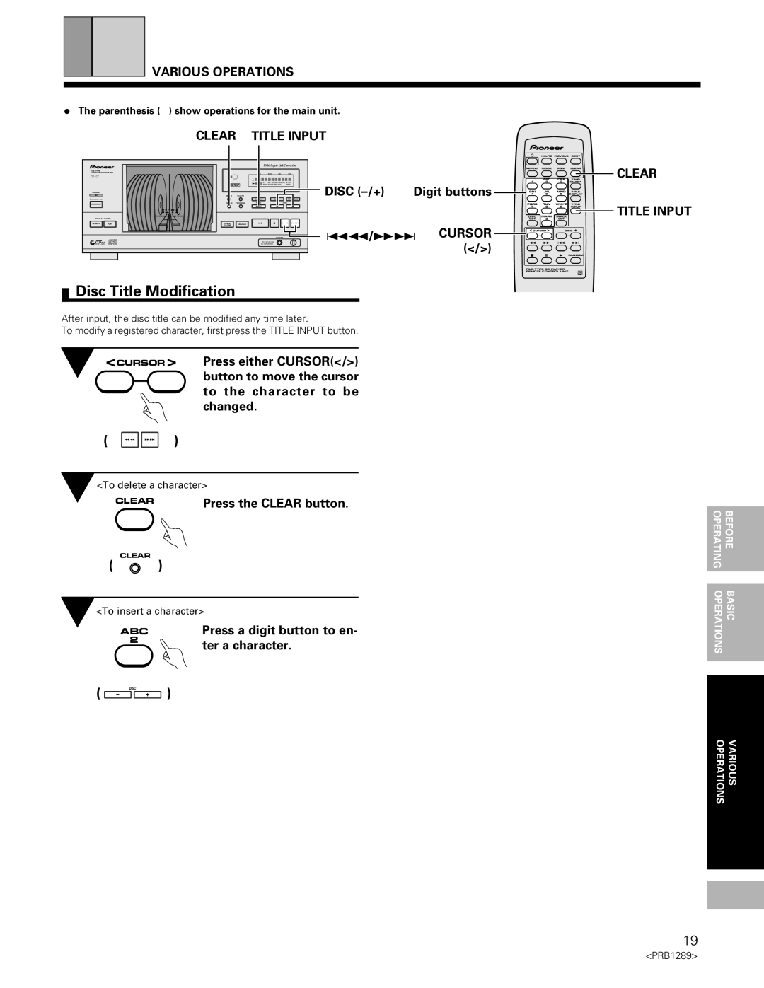 Pioneer PD-F19PD-F17 Disc Title Modification, Clear Title Input, Press the Clear button, Press a digit button to en 