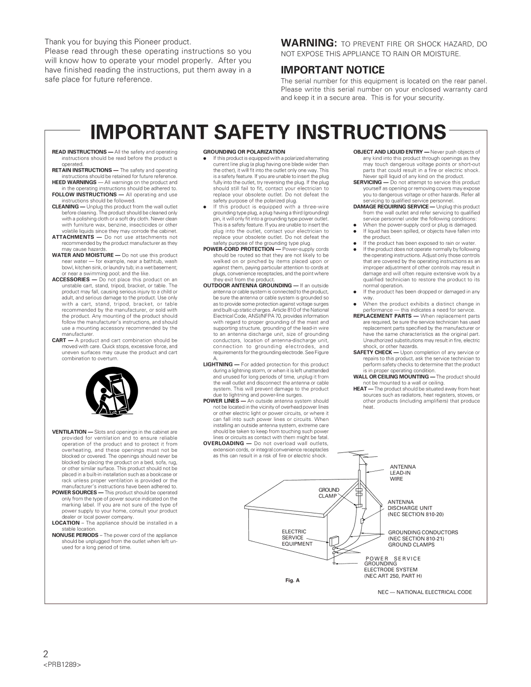 Pioneer PD-F19PD-F17 operating instructions Important Notice, PRB1289 