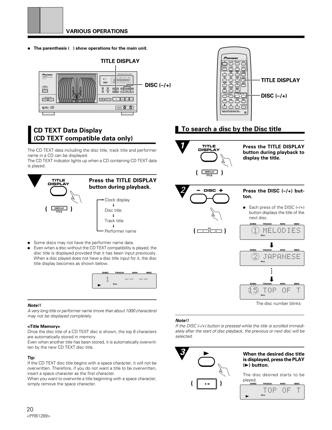 Pioneer PD-F19PD-F17 CD Text Data Display CD Text compatible data only, To search a disc by the Disc title, Title Display 