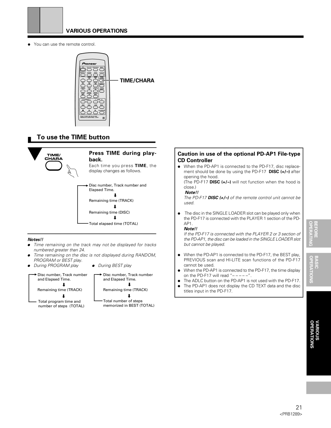 Pioneer PD-F19PD-F17 operating instructions To use the Time button, Time/Chara, Press Time during play- back 