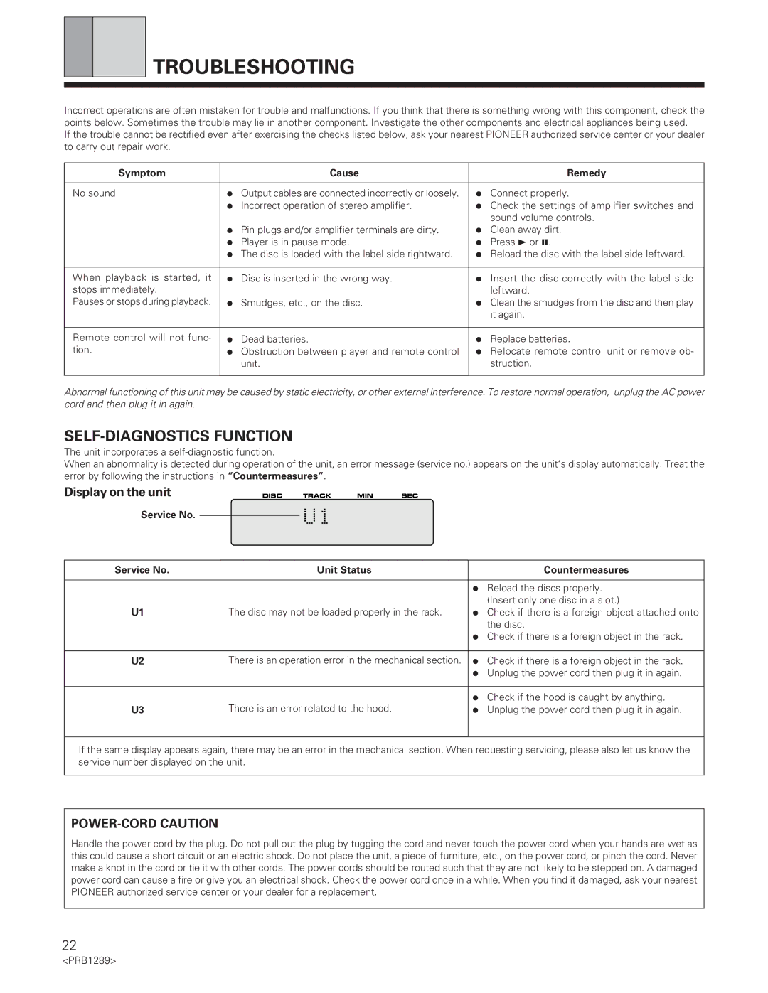 Pioneer PD-F19PD-F17 Troubleshooting, SELF-DIAGNOSTICS Function, Display on the unit, POWER-CORD Caution 