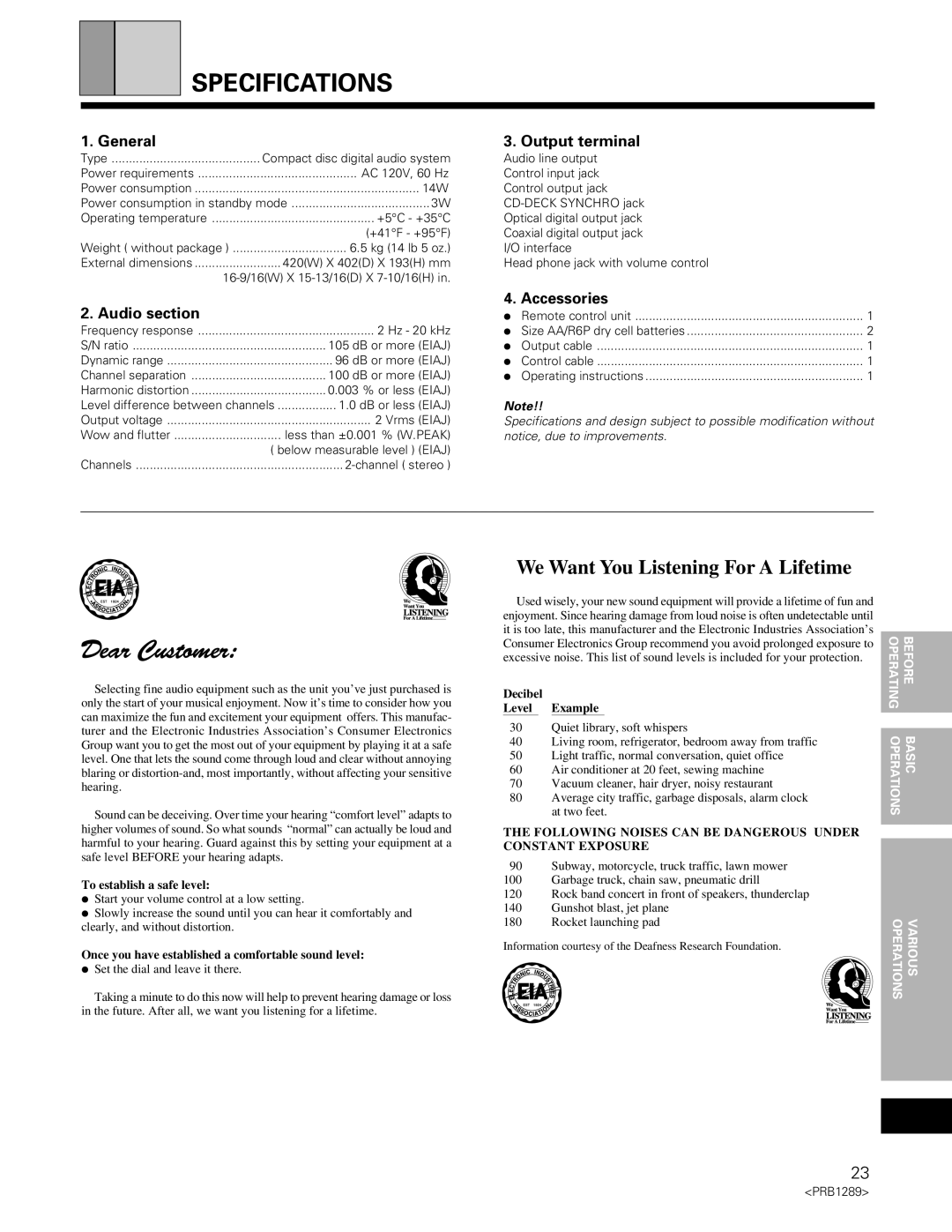 Pioneer PD-F19PD-F17 operating instructions Specifications, General Output terminal, Audio section, Accessories 