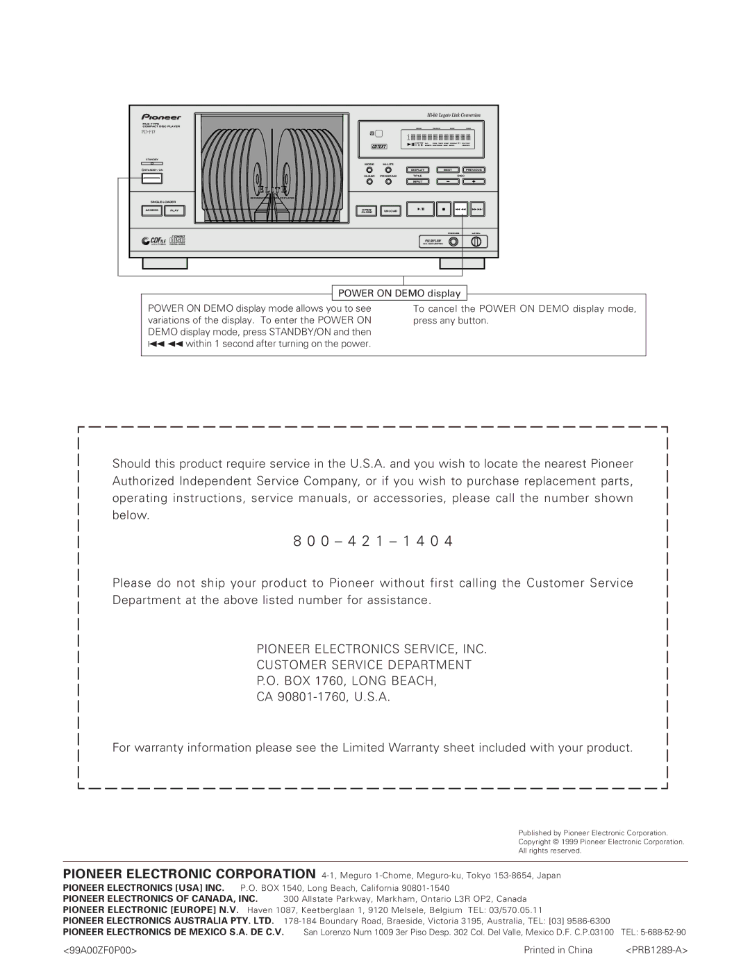 Pioneer PD-F19PD-F17 operating instructions 99A00ZF0P00 PRB1289-A, ¿X,7 