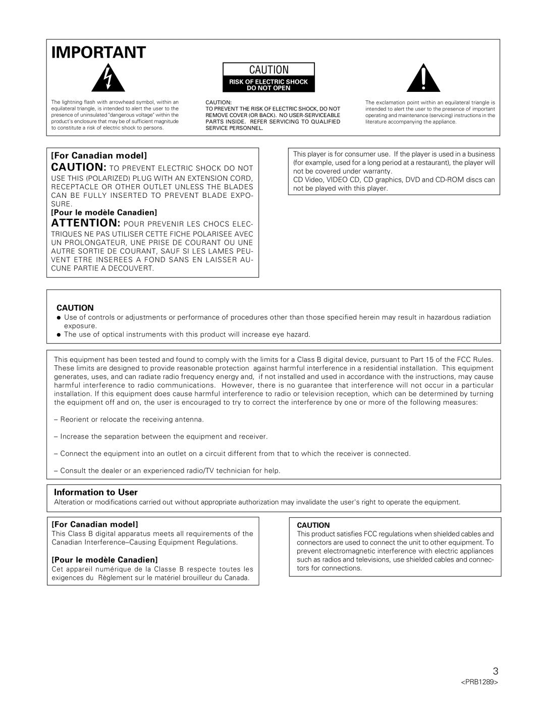 Pioneer PD-F19PD-F17 operating instructions For Canadian model, Information to User 