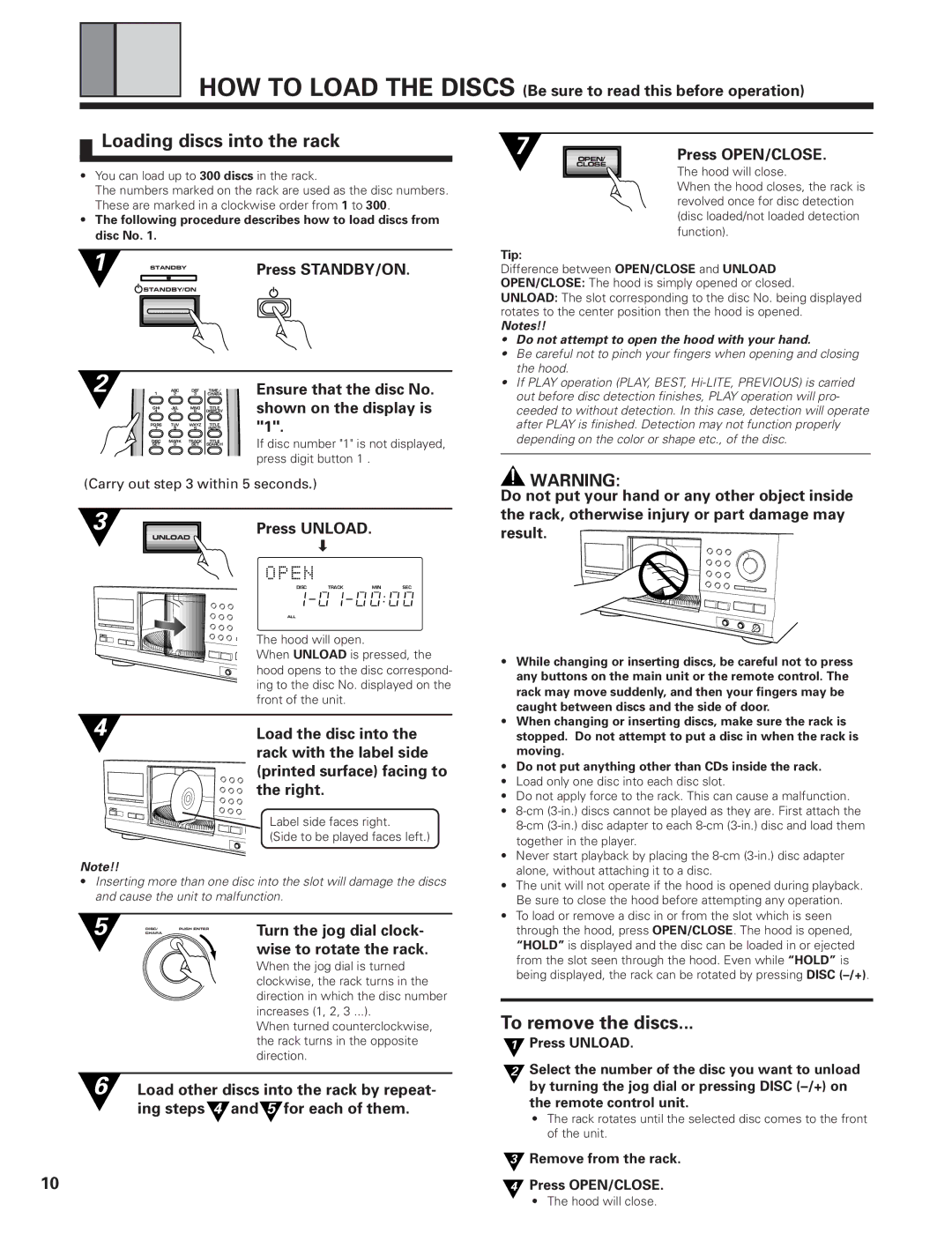 Pioneer PD-F19PD-F27 operating instructions Loading discs into the rack, To remove the discs 