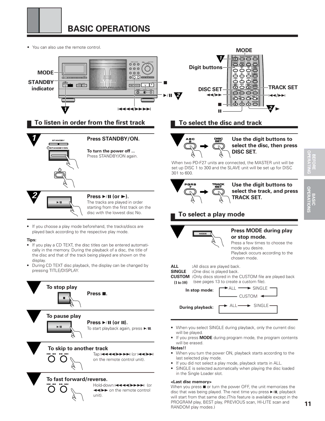 Pioneer PD-F19PD-F27 Basic Operations, To listen in order from the first track, To select the disc and track 