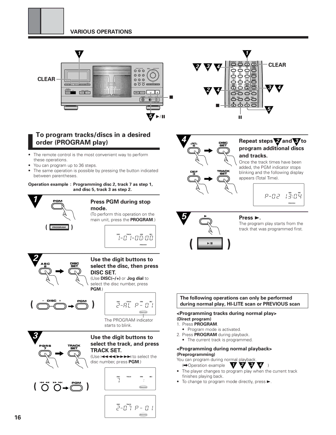 Pioneer PD-F19PD-F27 To program tracks/discs in a desired order Program play, Various Operations Clear 