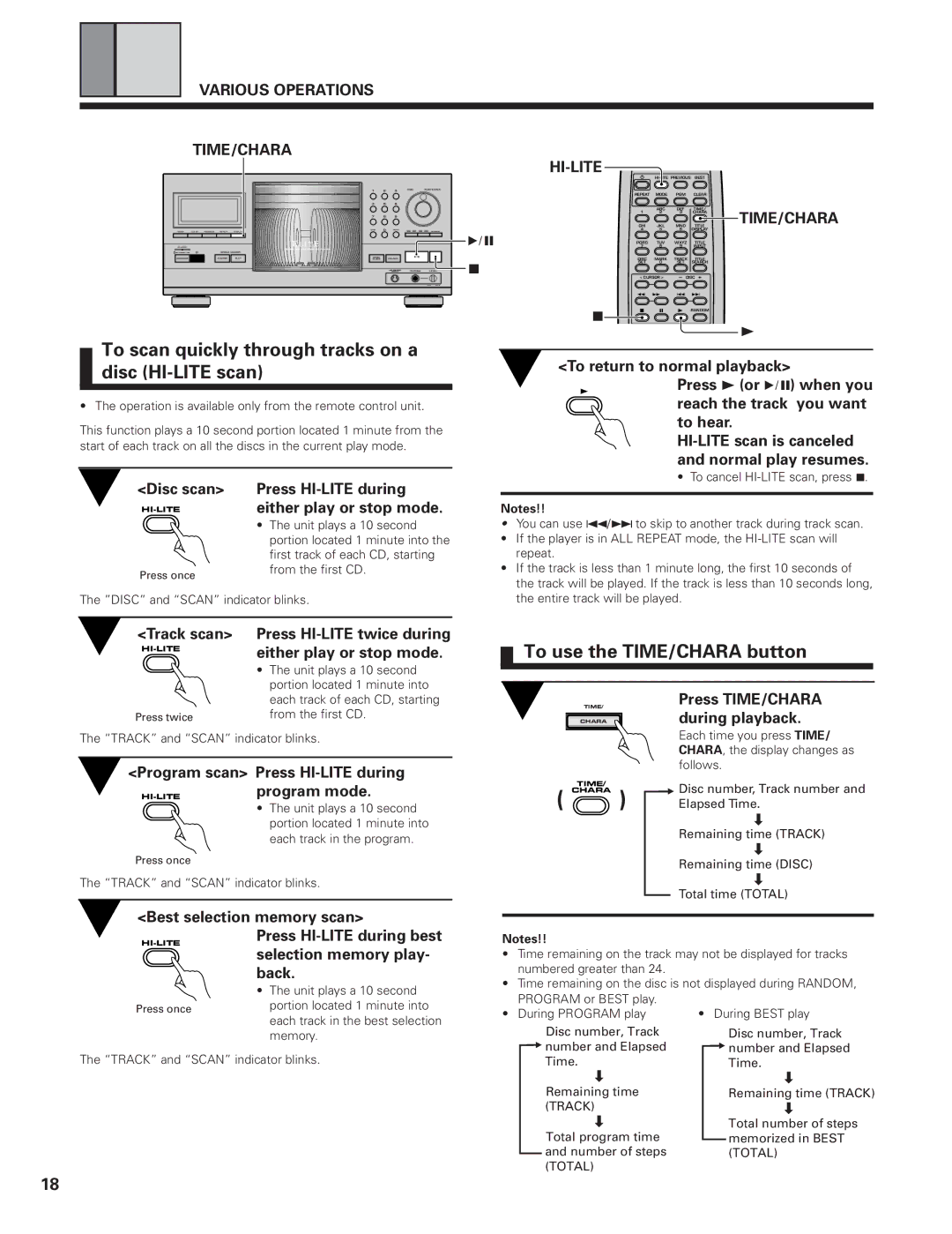 Pioneer PD-F19PD-F27 To scan quickly through tracks on a disc HI-LITE scan, To use the TIME/CHARA button 