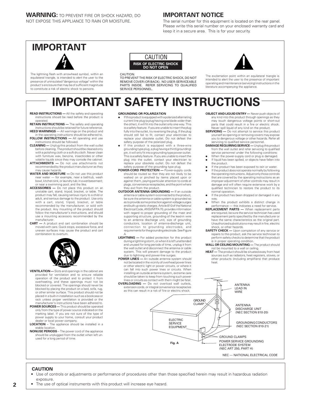 Pioneer PD-F19PD-F27 operating instructions Important Notice, Not Expose this Appliance to Rain or Moisture 