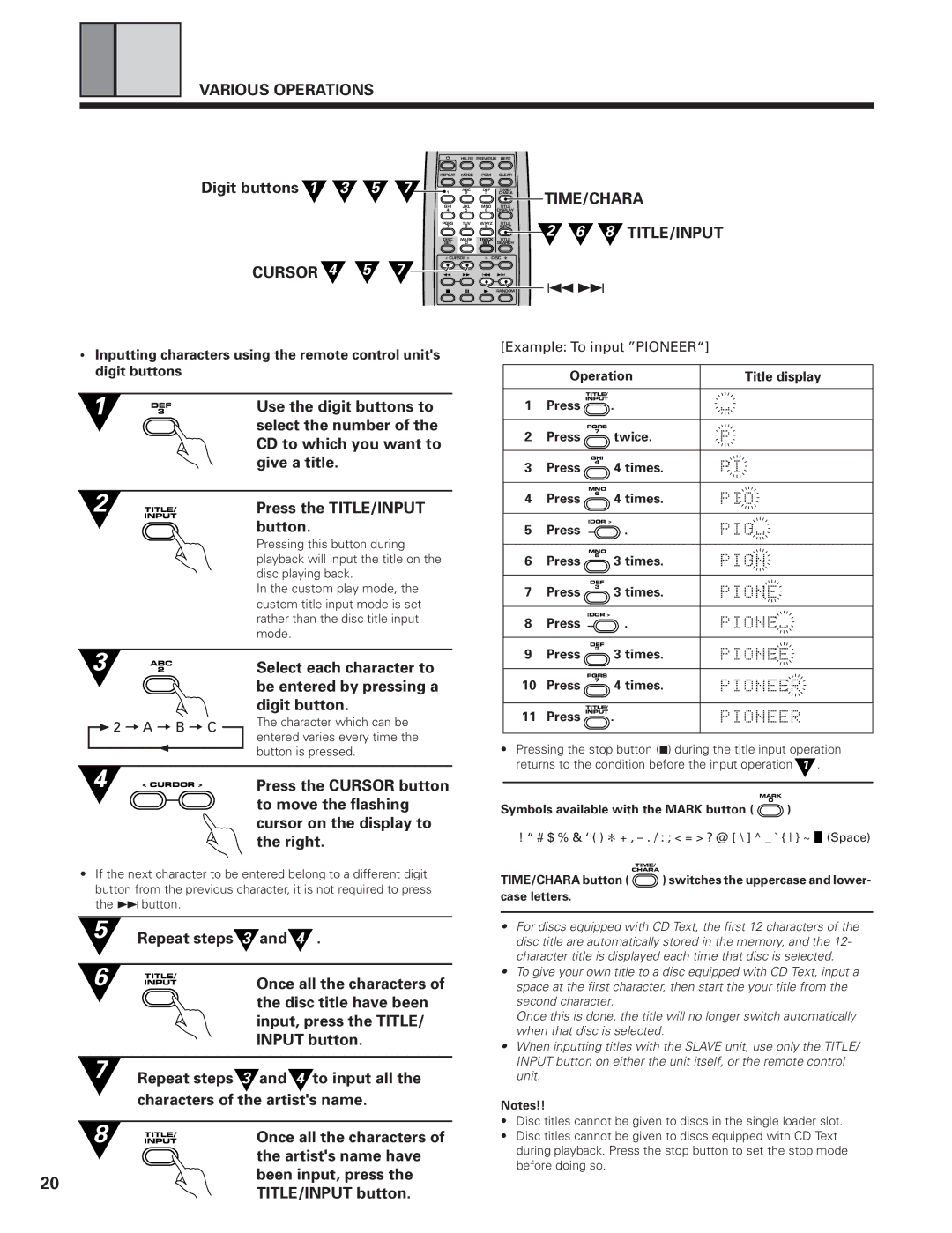 Pioneer PD-F19PD-F27 operating instructions TIME/CHARA 8 TITLE/INPUT 