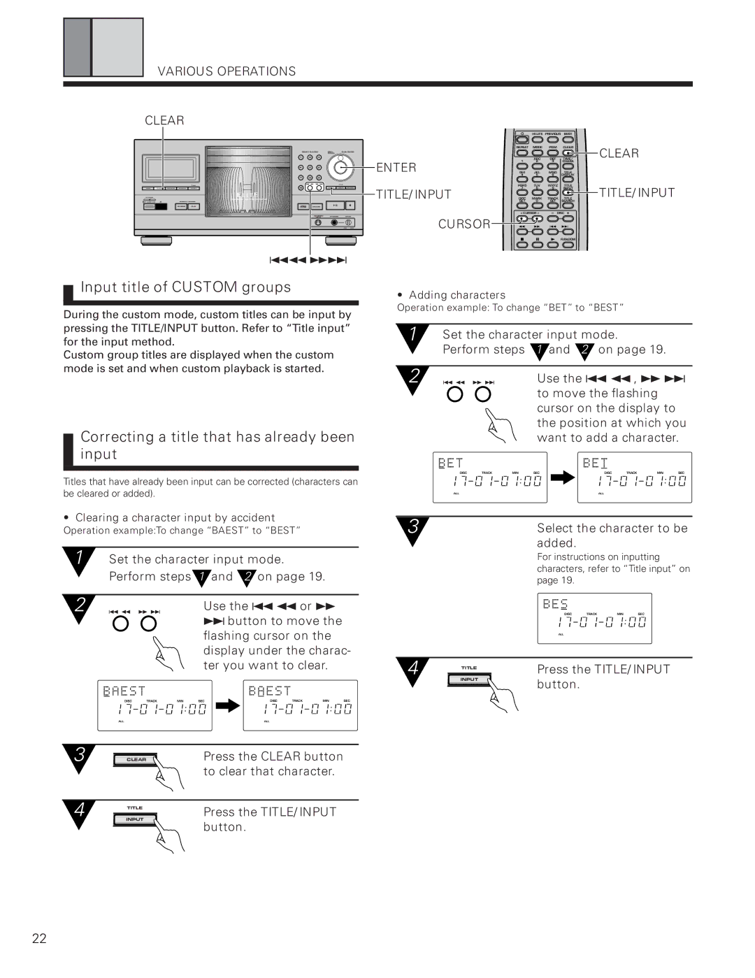 Pioneer PD-F19PD-F27 Input title of Custom groups, Correcting a title that has already been input, Clear TITLE/INPUT 