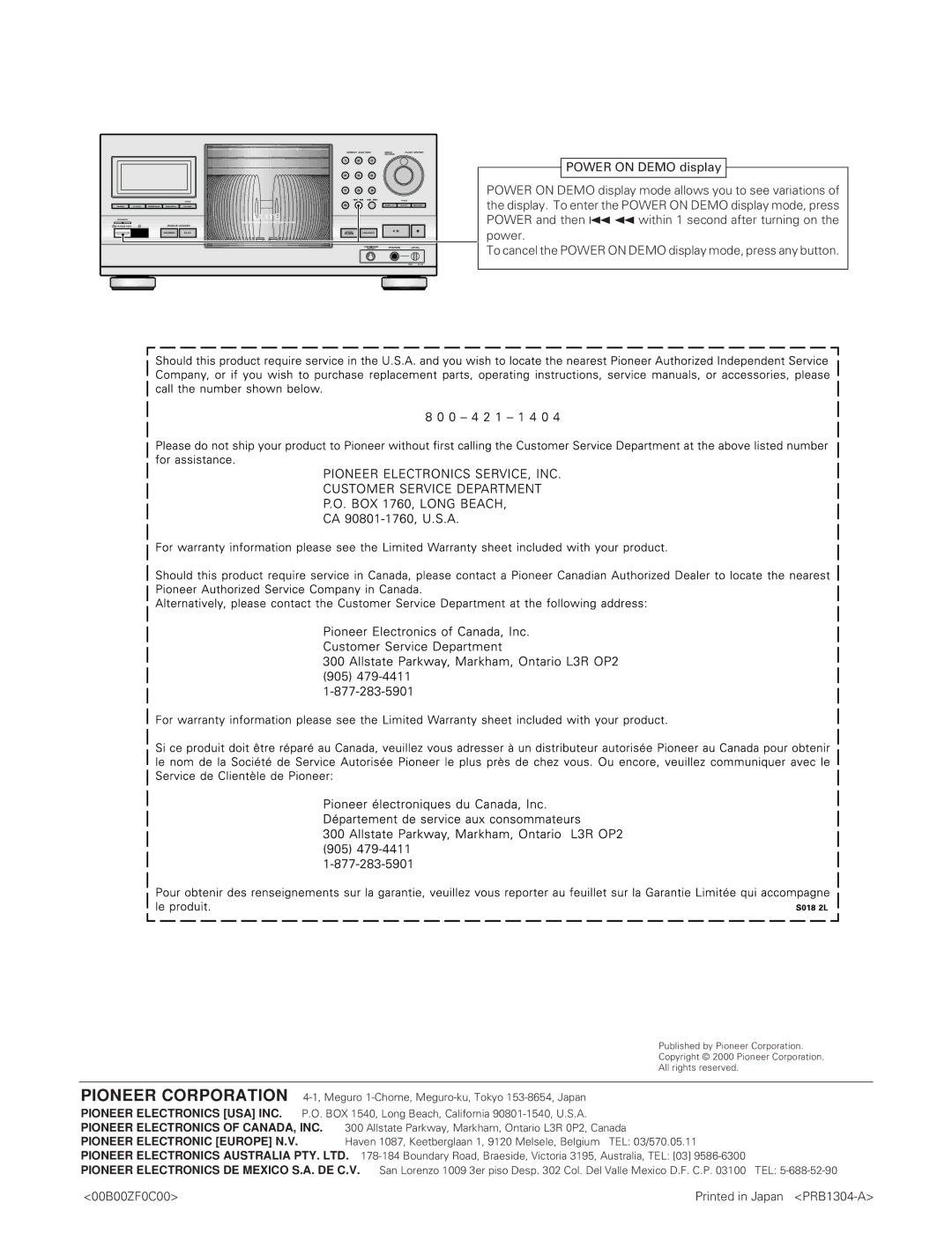 Pioneer PD-F19PD-F27 operating instructions Pioneer Corporation 