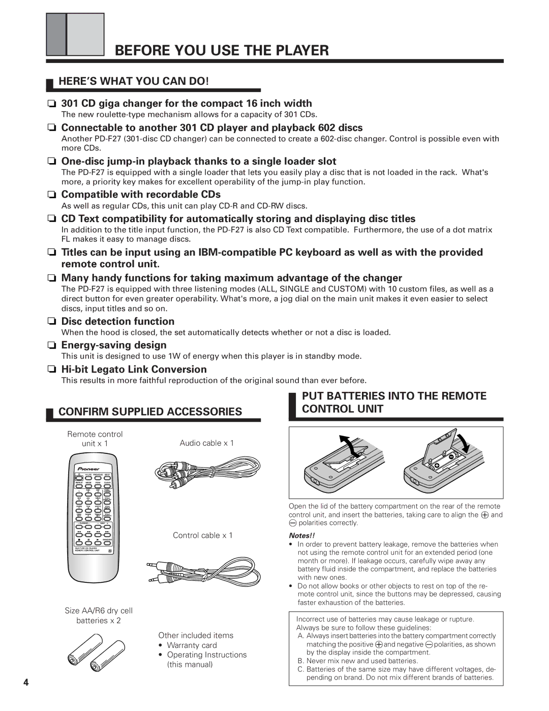 Pioneer PD-F19PD-F27 operating instructions Before YOU USE the Player, HERE’S What YOU can do 