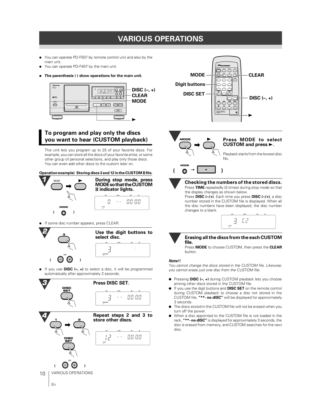 Pioneer PD-F407, PD-F507 warranty Various Operations 